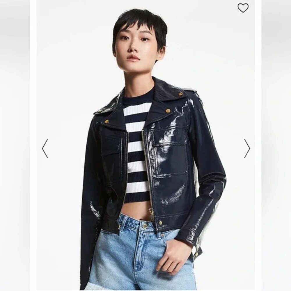 Michael Kors Midnight Blue Lamb Leather Crinkle Moto Jacket Size 6